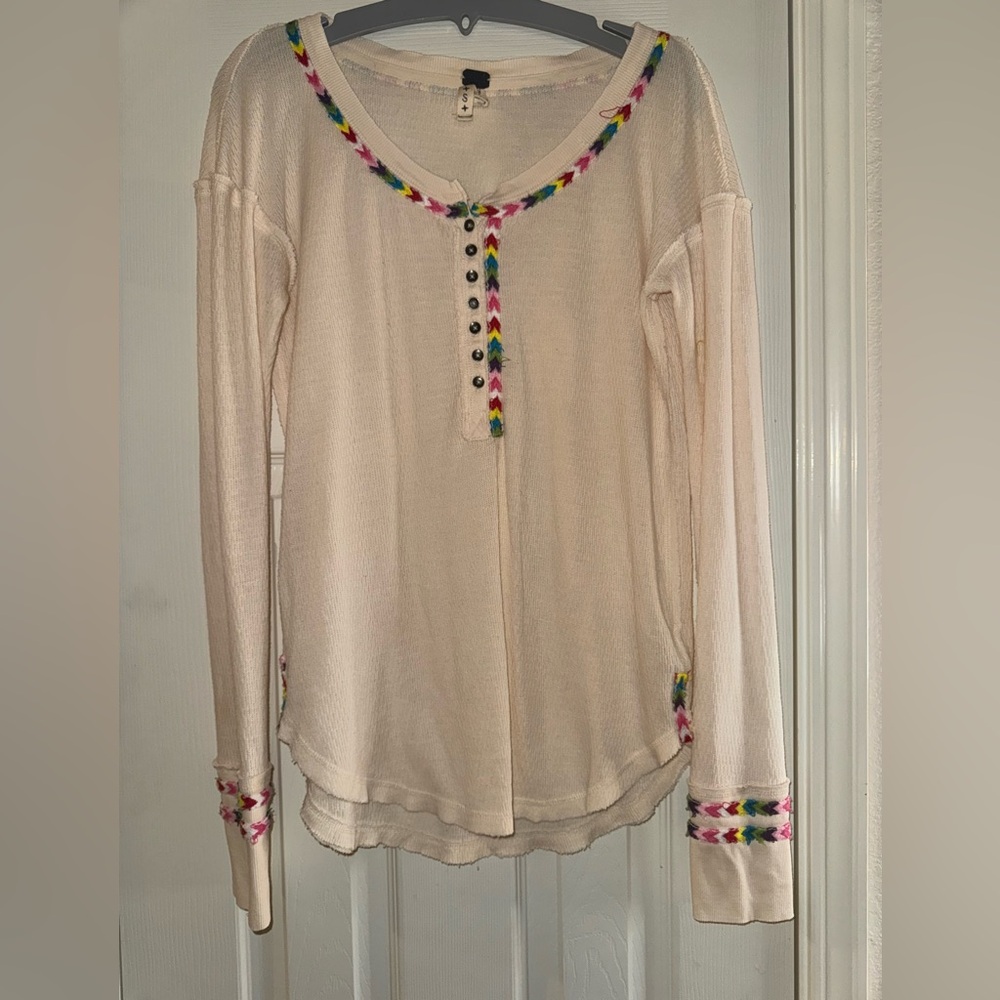 Free People We The Free Cream Long Sleeve Top with Multicolor Accents